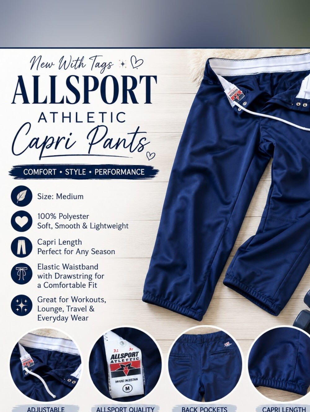 Athletic Womans Navy Capri Pants - Elastic Waist with Drawstring